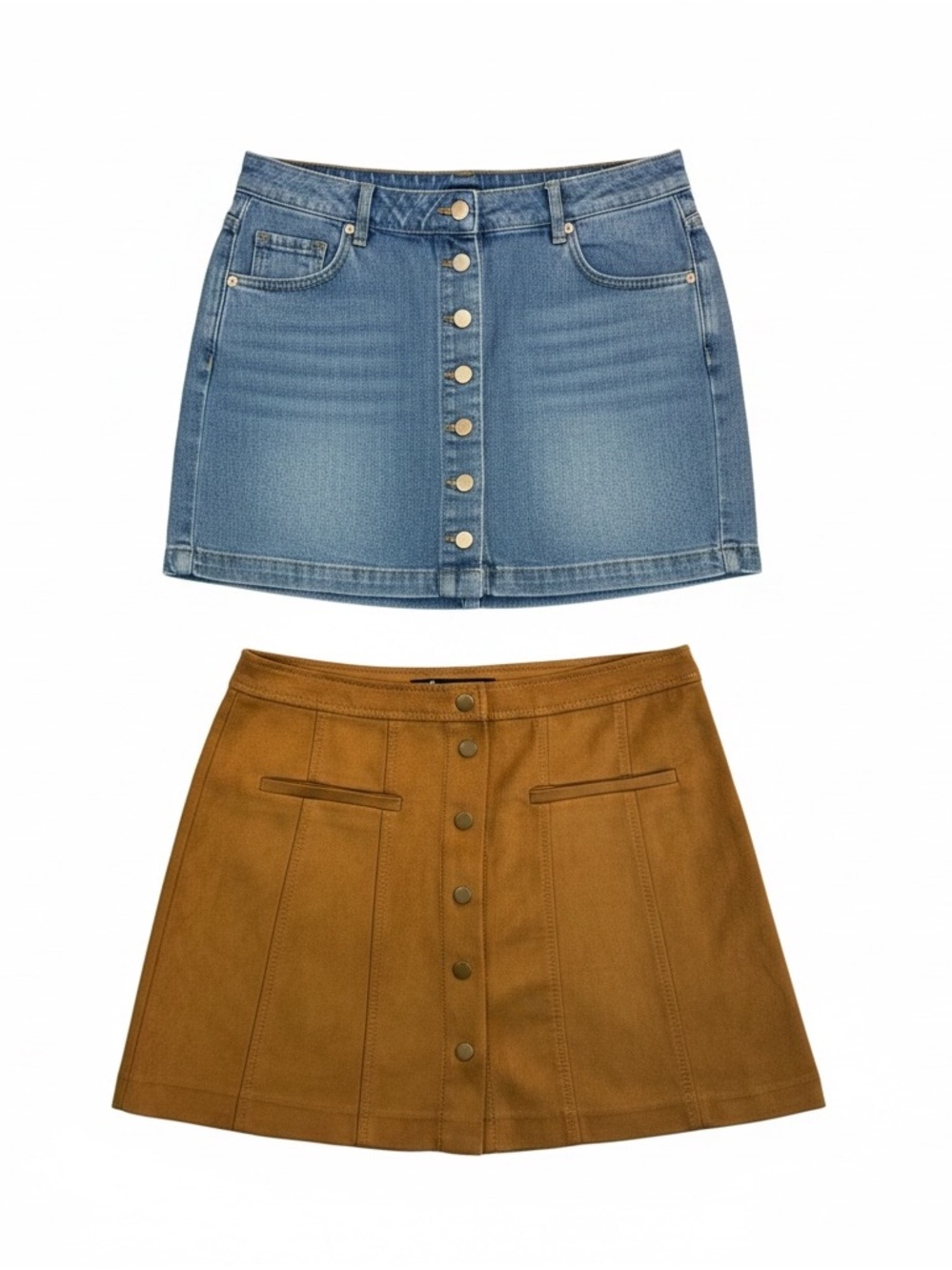 Forever 21 Light Blue Denim Skirt & Zara Mustard Suede-Look Skirt